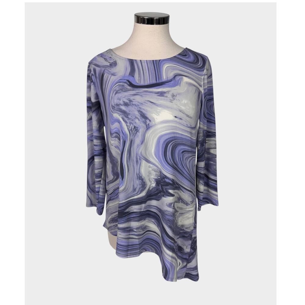 Chico's Sz 0 S Purple Gray Swirling Marble Print Top 3/4 Sleeve Asymetrical Hem